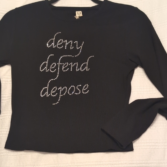Fashion Brand Company Tops - "Deny Defend Depose" Fashion Brand Company Tencel Rib Rhinestone Long Sleeve Tee